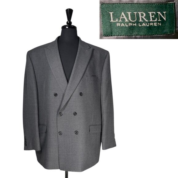 Ralph Lauren Mens Blazer 50R Gray Wool Blend Double Breasted Sport Coat Jacket - Picture 1 of 10